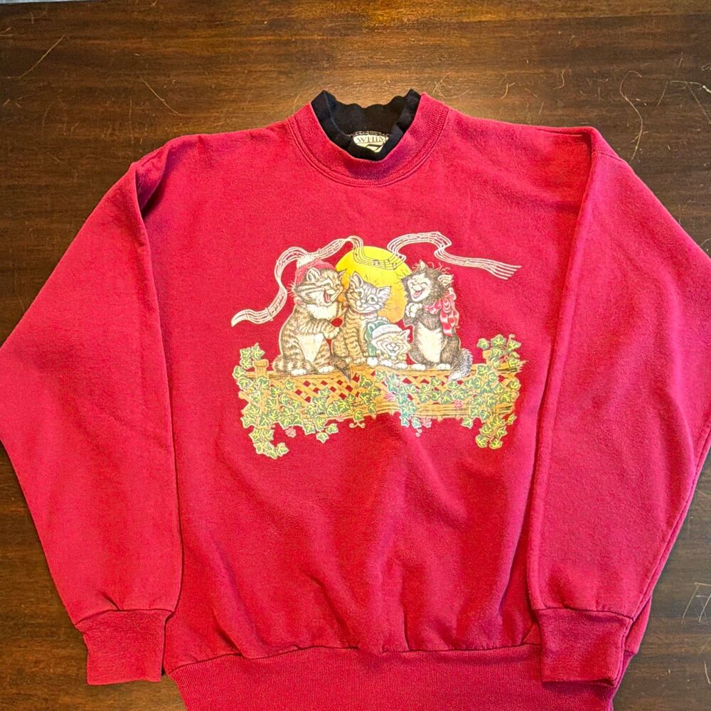 WHIM Z VTG Red Cat Graphic Double Crew Neck Grandma Festive Faded Sweatshirt L
